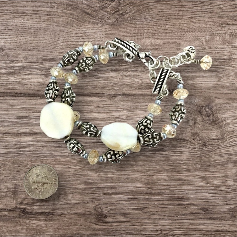 Brighton UTOPIA White-Blue Pearl Silver TWO Strand  Bracelet w/Crystal Beads